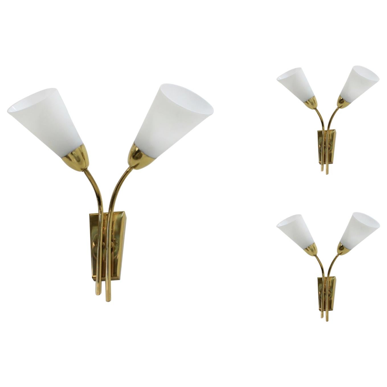 Set of Three Brass Wall Lamps, 1970s