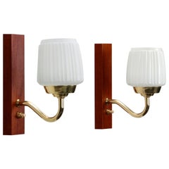 Vintage Teak Wall Lights 'Pair', 1950s Scandinavian Sconces with Glass, Brass and Teak