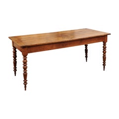 Early 19th Century French Fruitwood Rustic Farm Table with Turned Legs