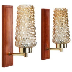 Teak Wall Lights, 1950s Pair of Wall Lamps with Pressed Glass, Brass and Teak