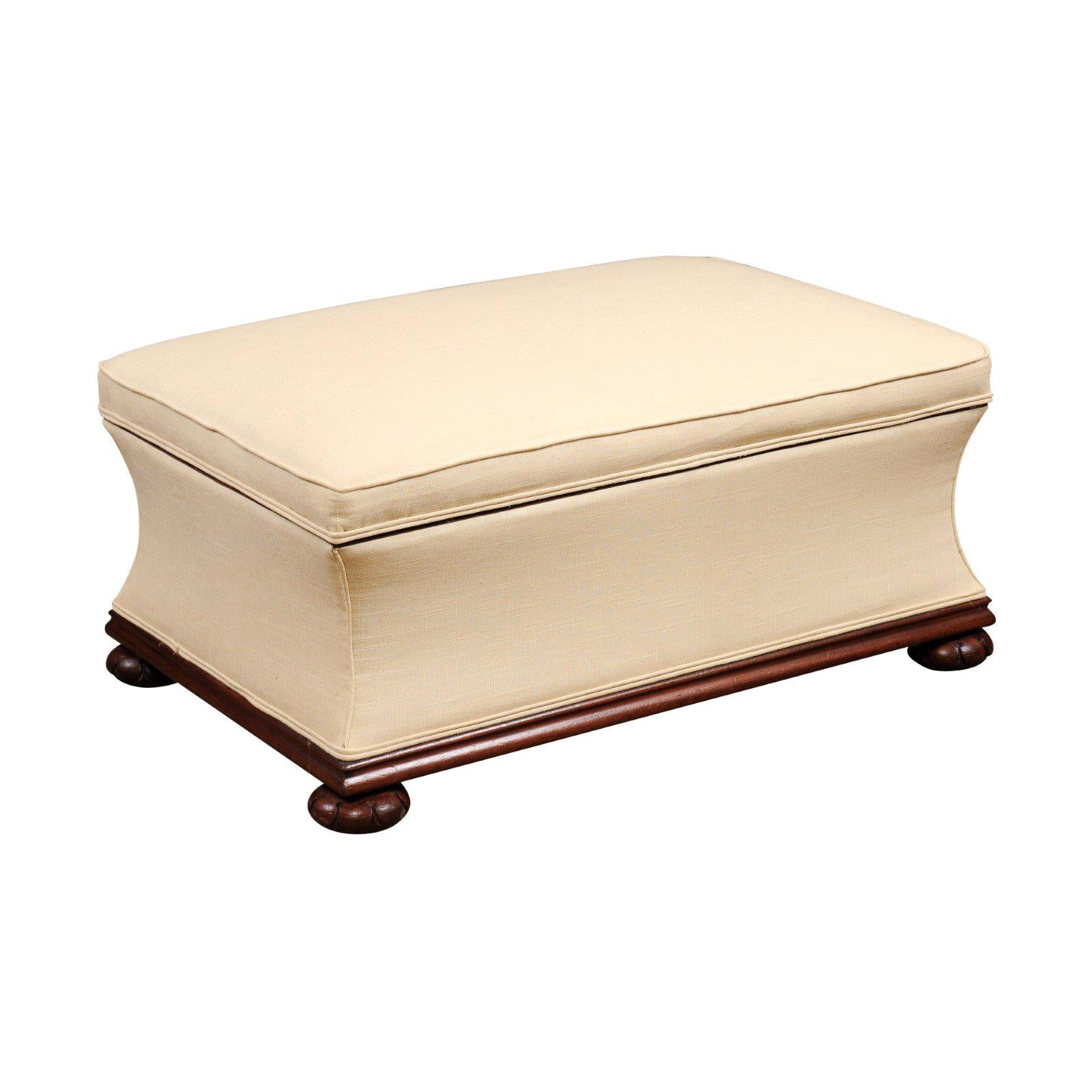  English Upholstered Linen and Mahogany Lift Top Ottoman, Late 19th Century