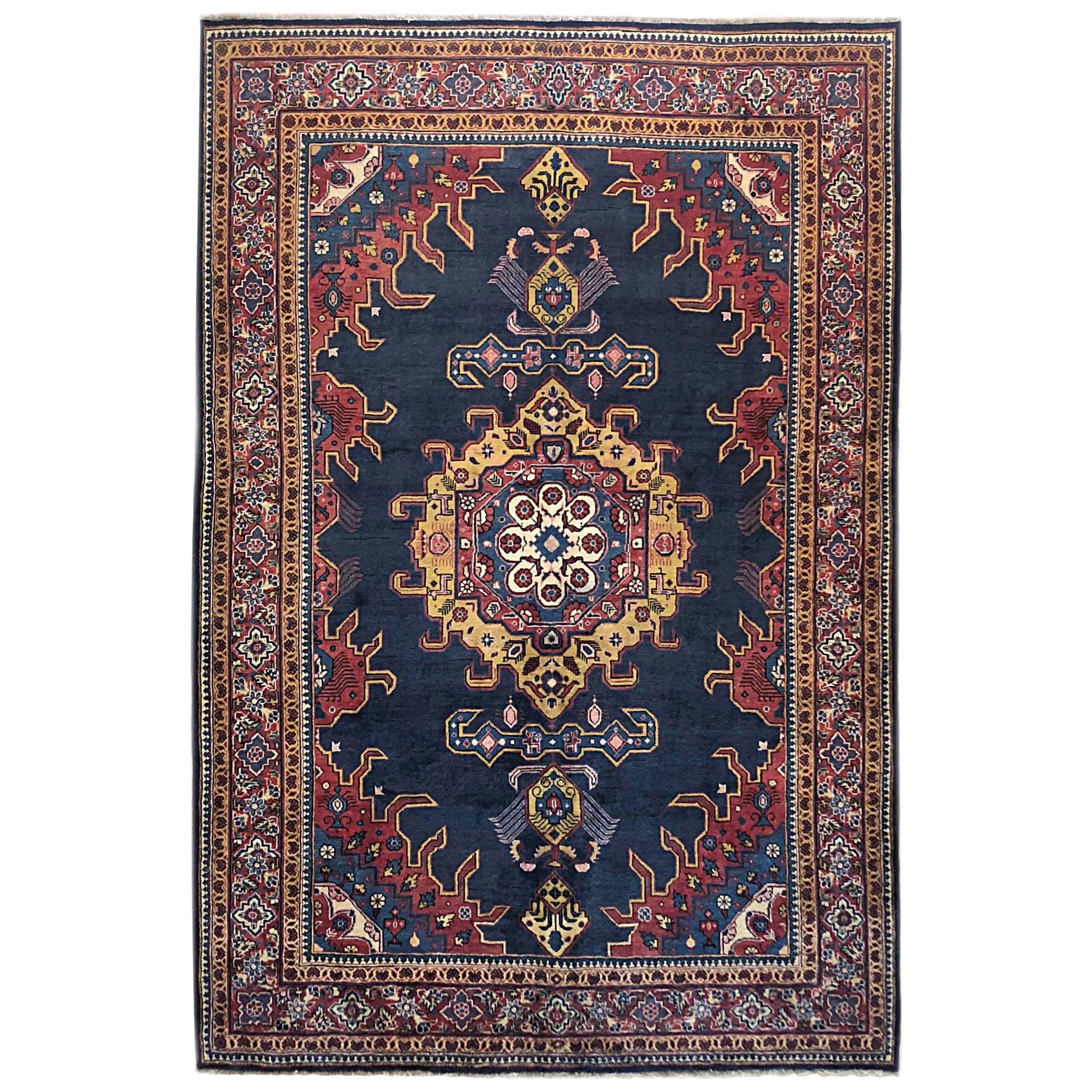 Vintage Persian Hand Knotted Geometric Medallion Blue Viss Rug, circa 1960