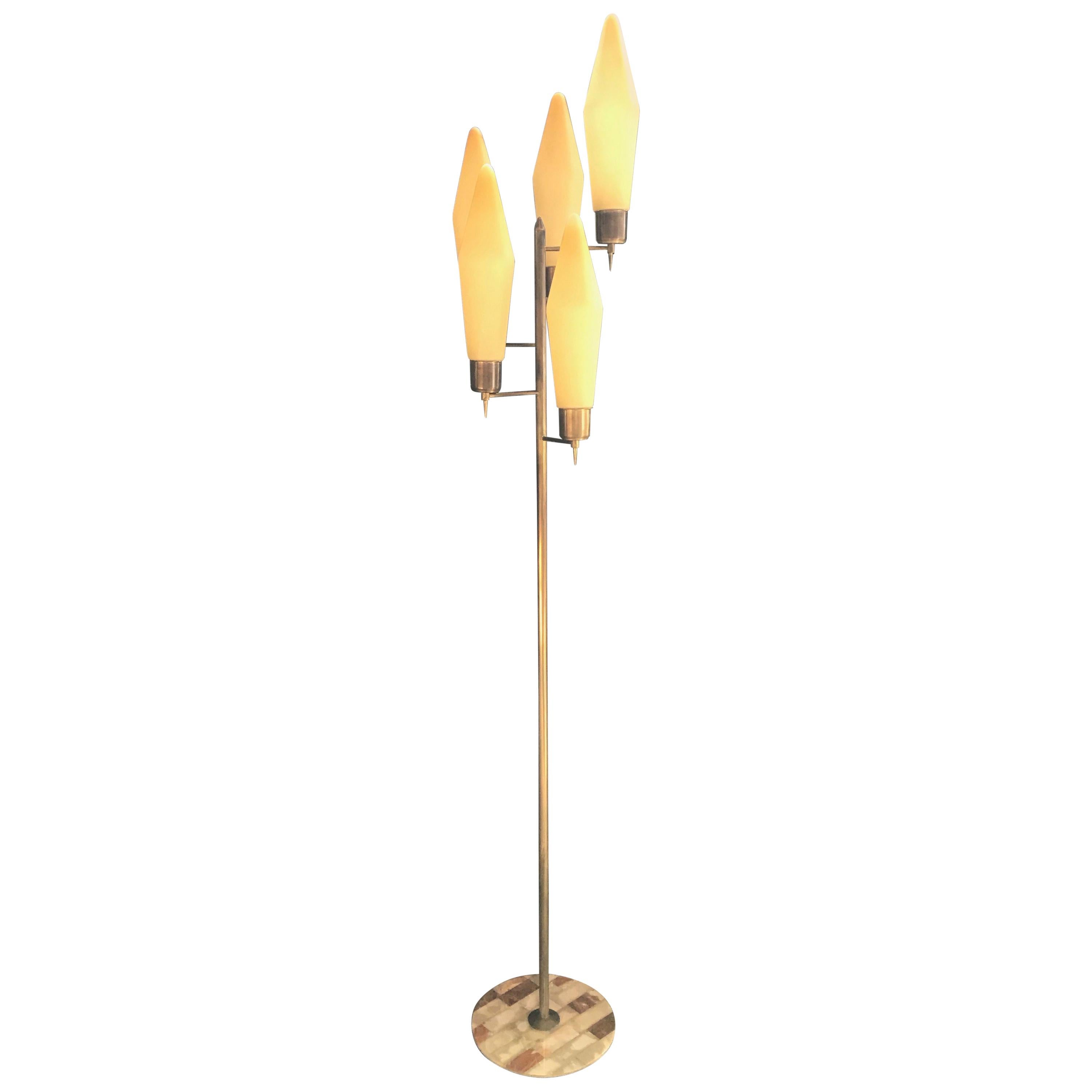 Stilnovo Style Italian Brass Floor Lamp with Six Lights and Marble Base, 1960s