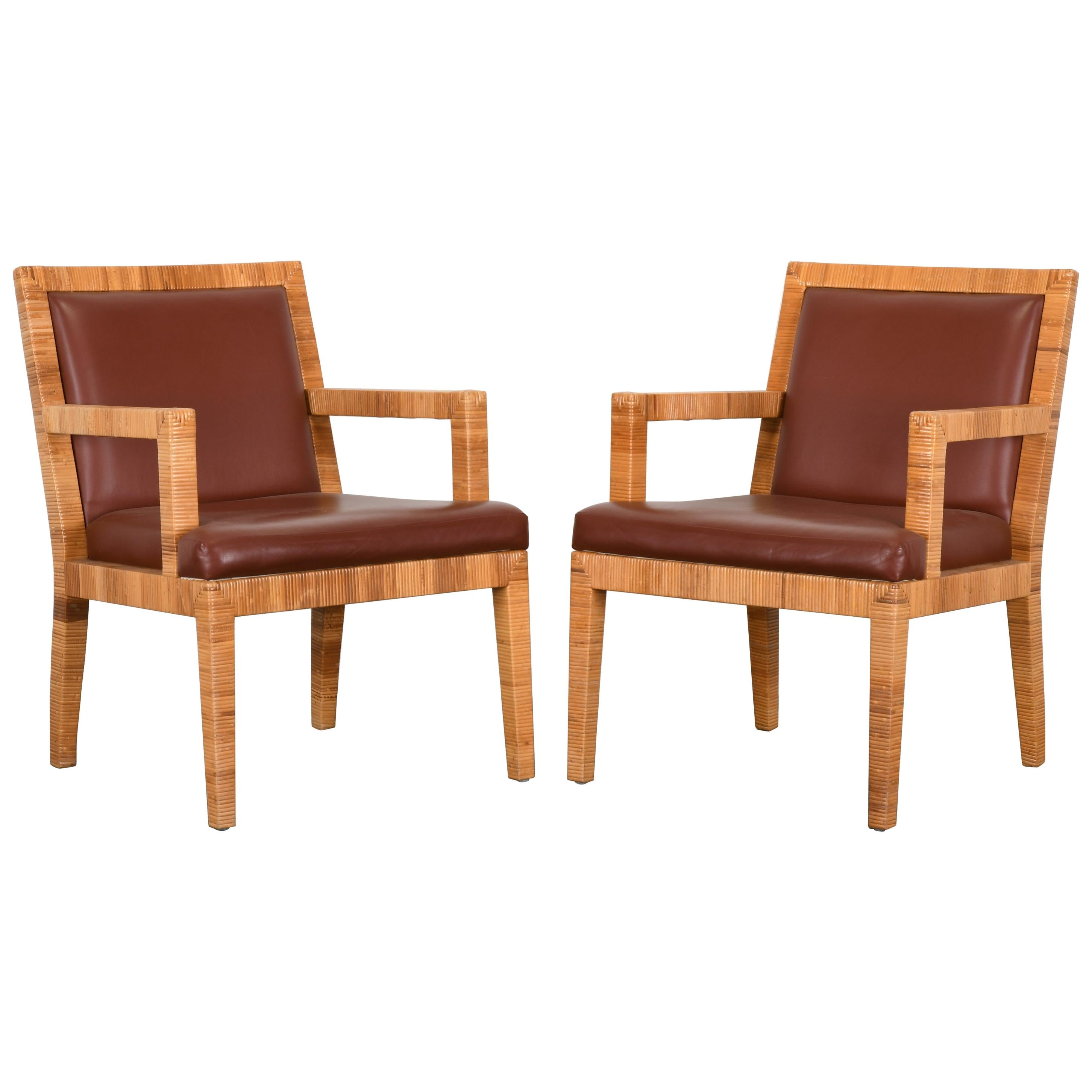 Pair of Rattan and Leather Armchairs by Bielecky Brothers, 1980s