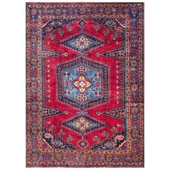 Vintage Persian Hand Knotted Geometric Medallion Red Viss Rug, circa 1960
