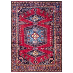 Vintage Persian Hand Knotted Geometric Medallion Red Viss Rug, circa 1960