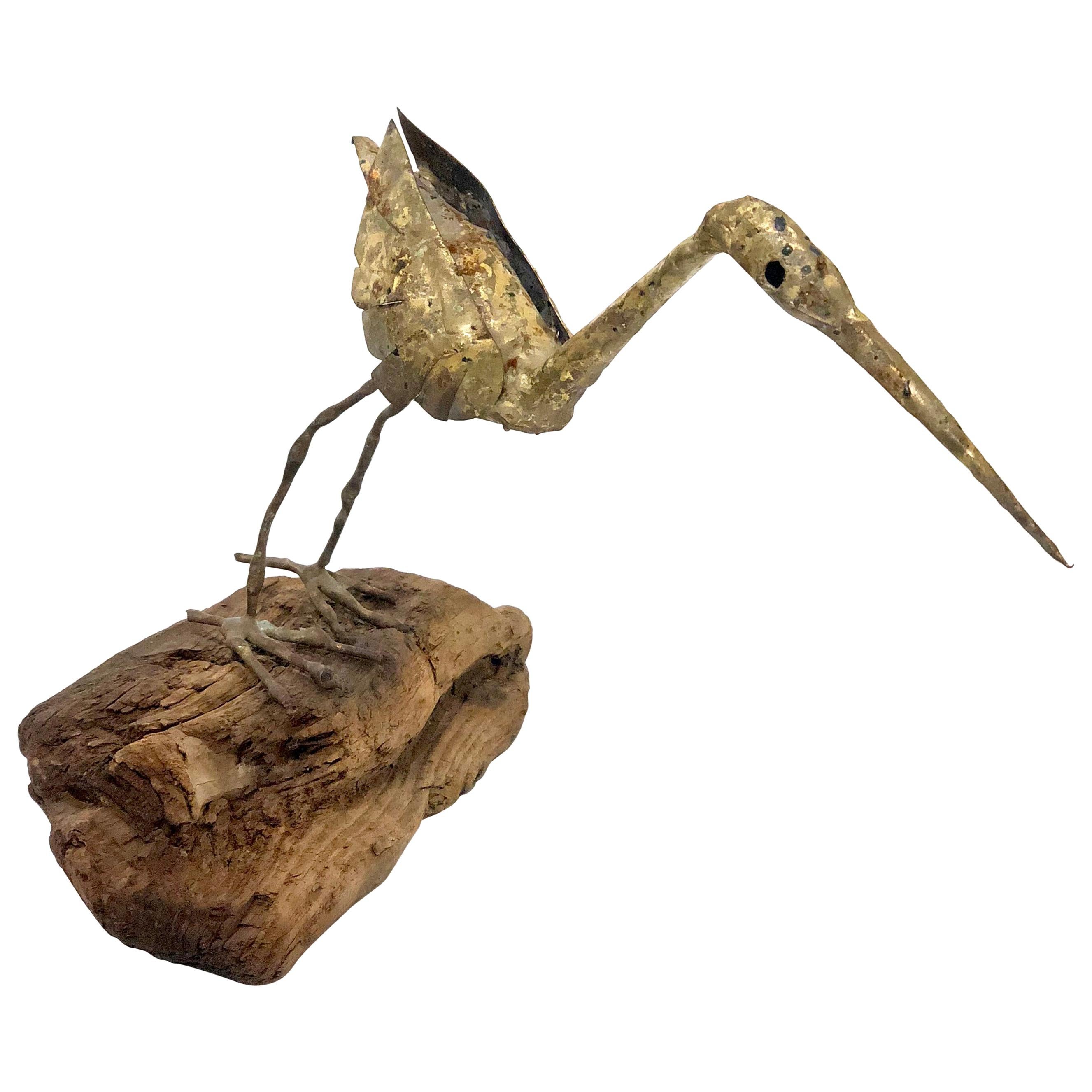 Brutalist Brass Bird Sculpture Sitting on Drift Wood