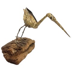 Brutalist Brass Bird Sculpture Sitting on Drift Wood
