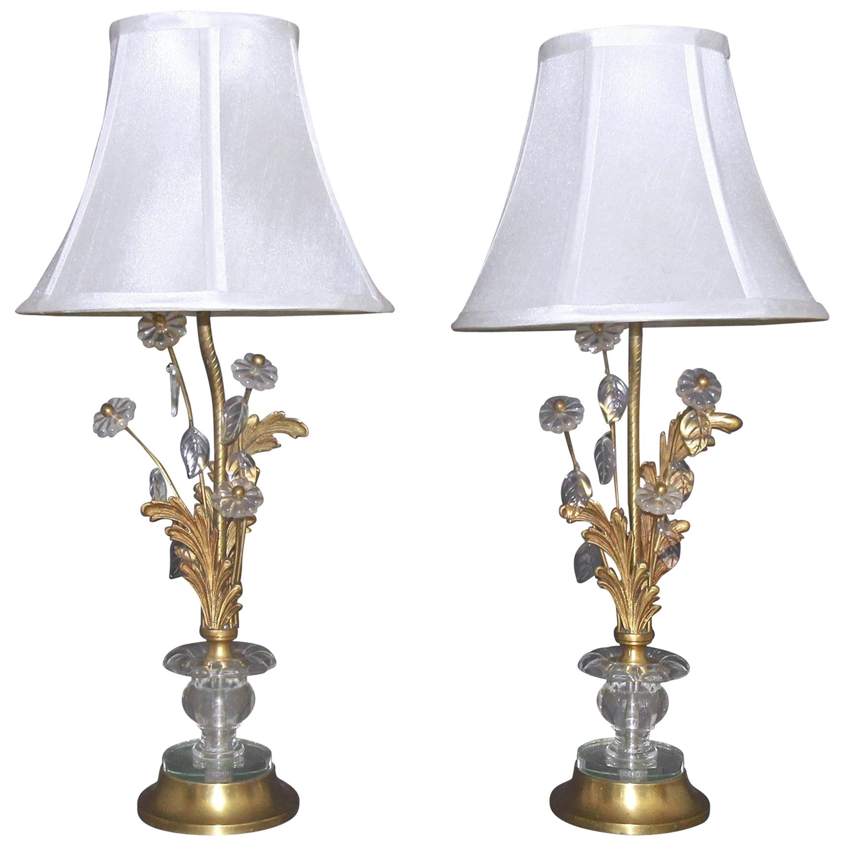 Pair of Baguès Style French Brass Flower and Leaf Table Lamps