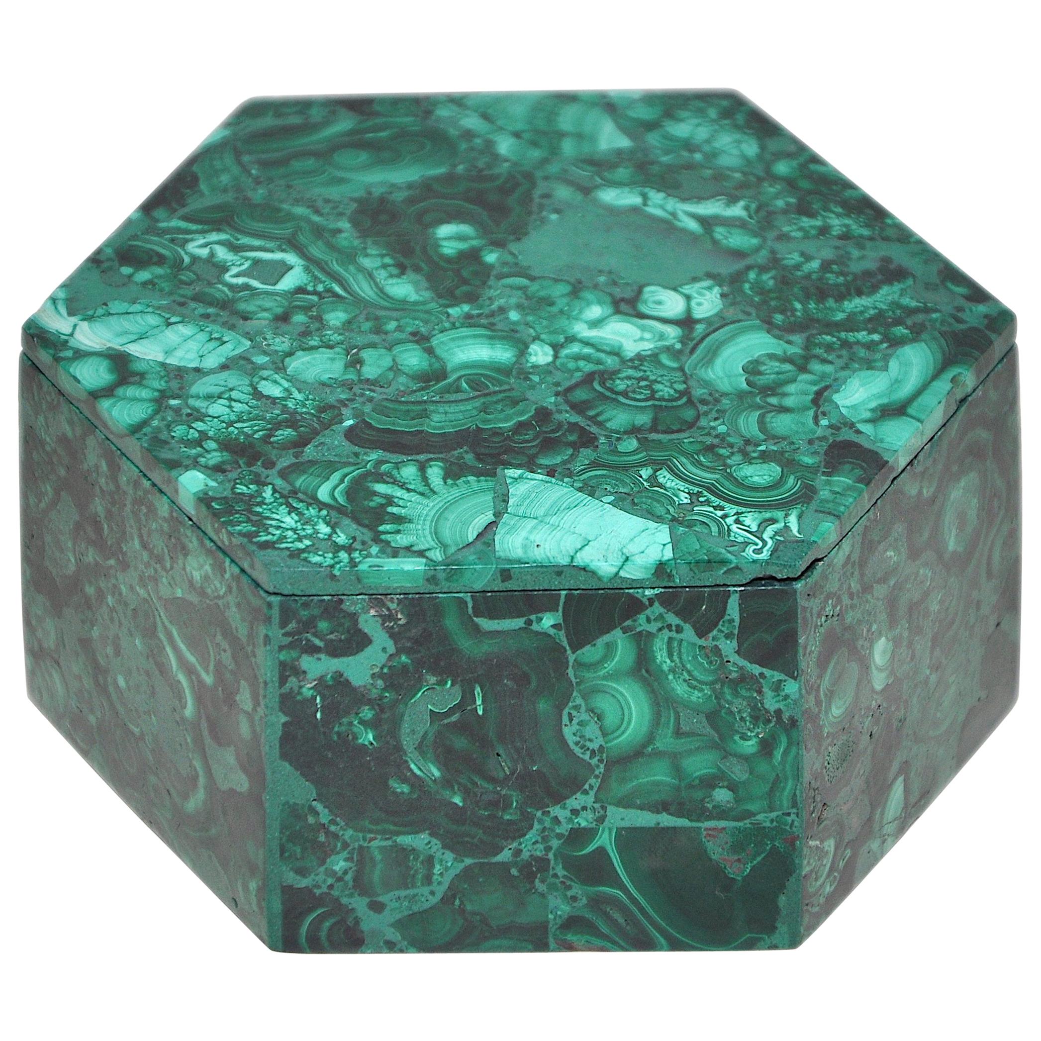 Vintage Malachite Natural Gem Stone Green Jewelry Box For Sale