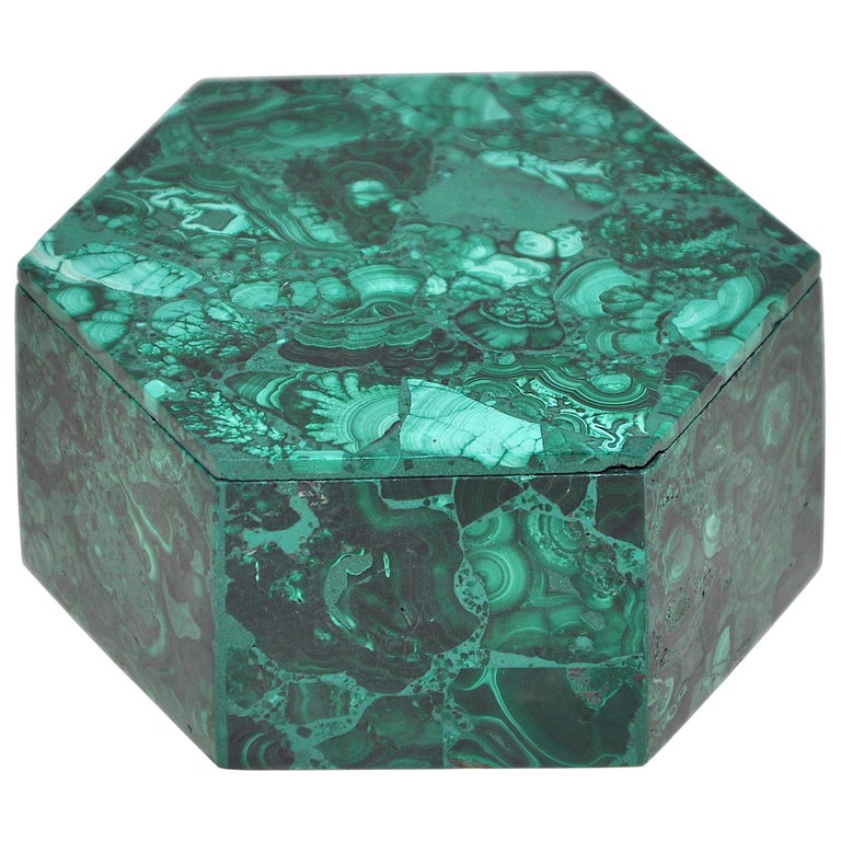 Vintage Malachite Natural Gem Stone Green Jewelry Box For Sale at