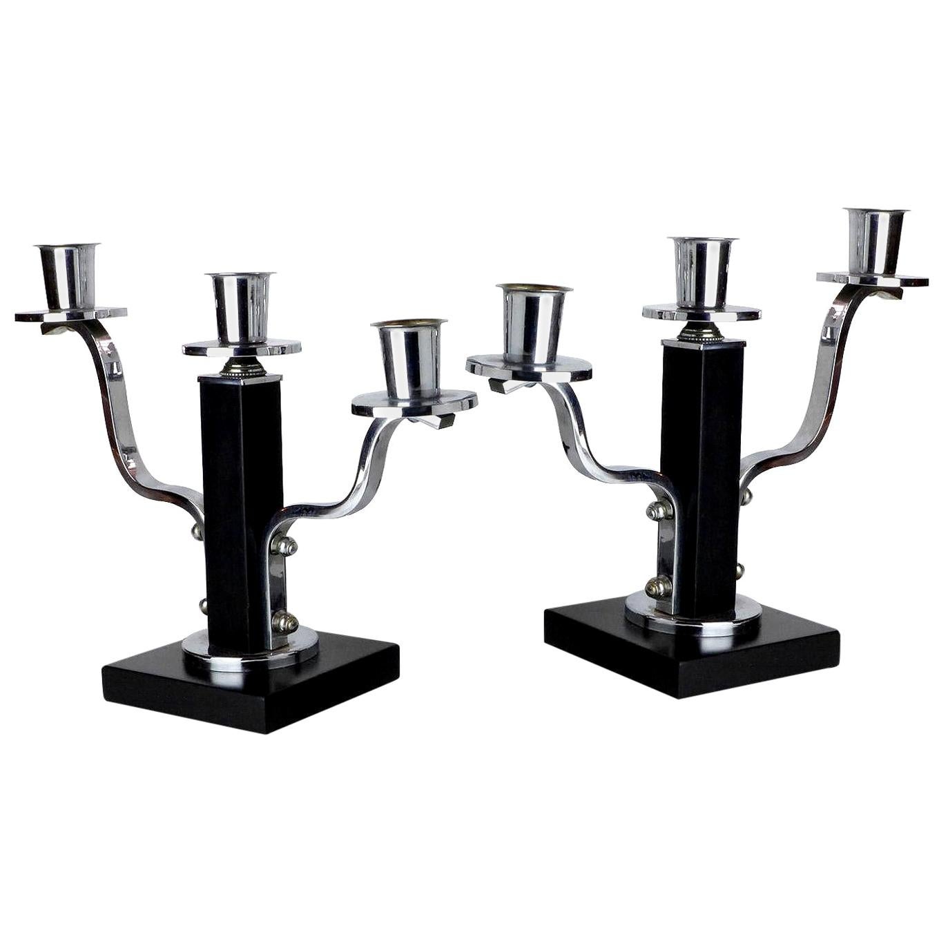 High Style Pair of Modernist Art Deco Candlesticks For Sale