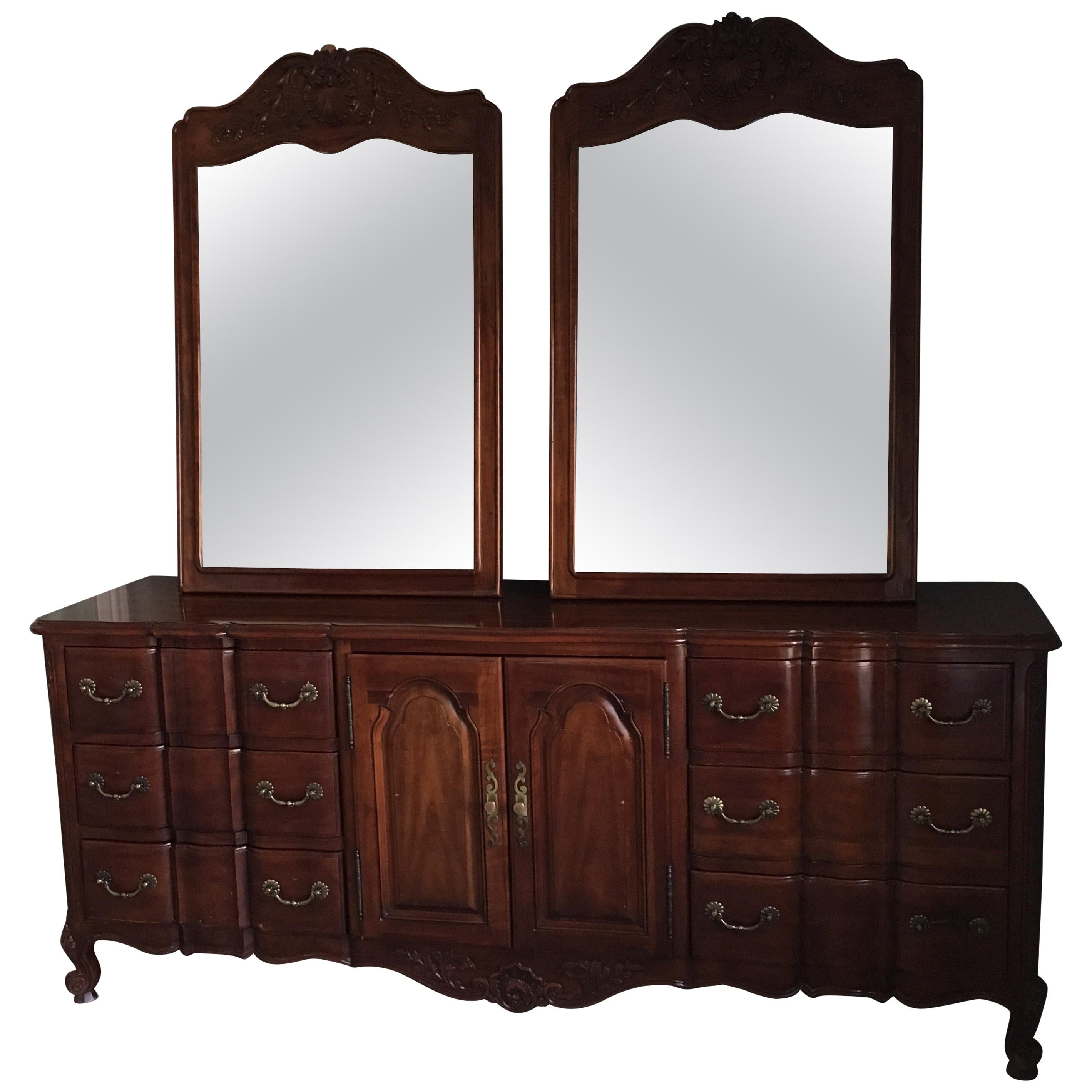 20th Century Provincial Style Double Dresser and Pair of Mirrors by Widdicomb