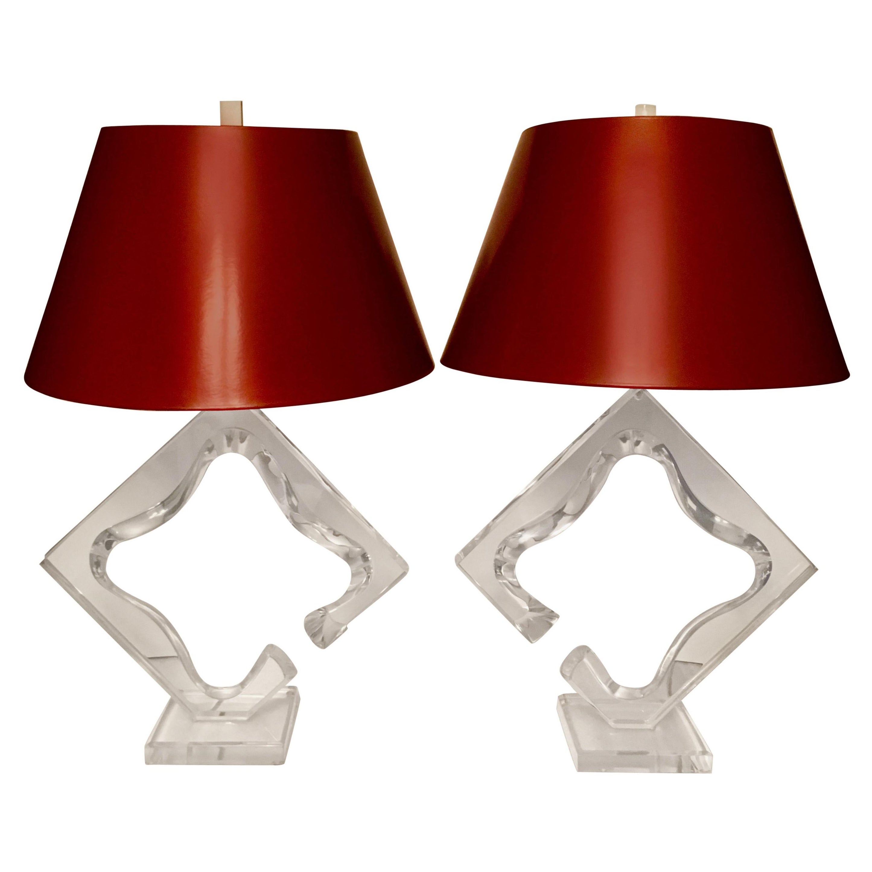 Pair Acrylic Lamps with Red Shades Signed Van Teal 