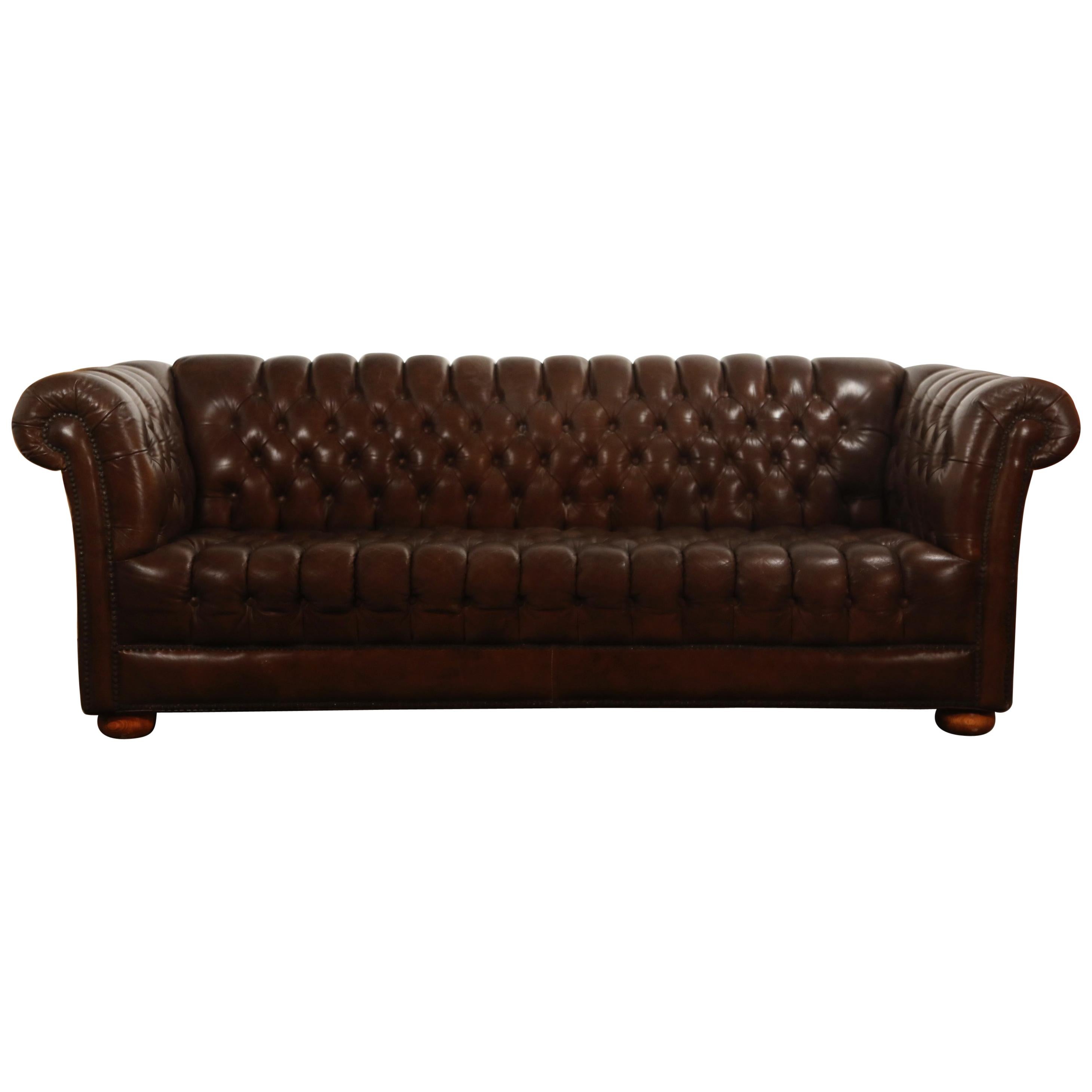 Brown Leather Button Tufted Chesterfield Sofa