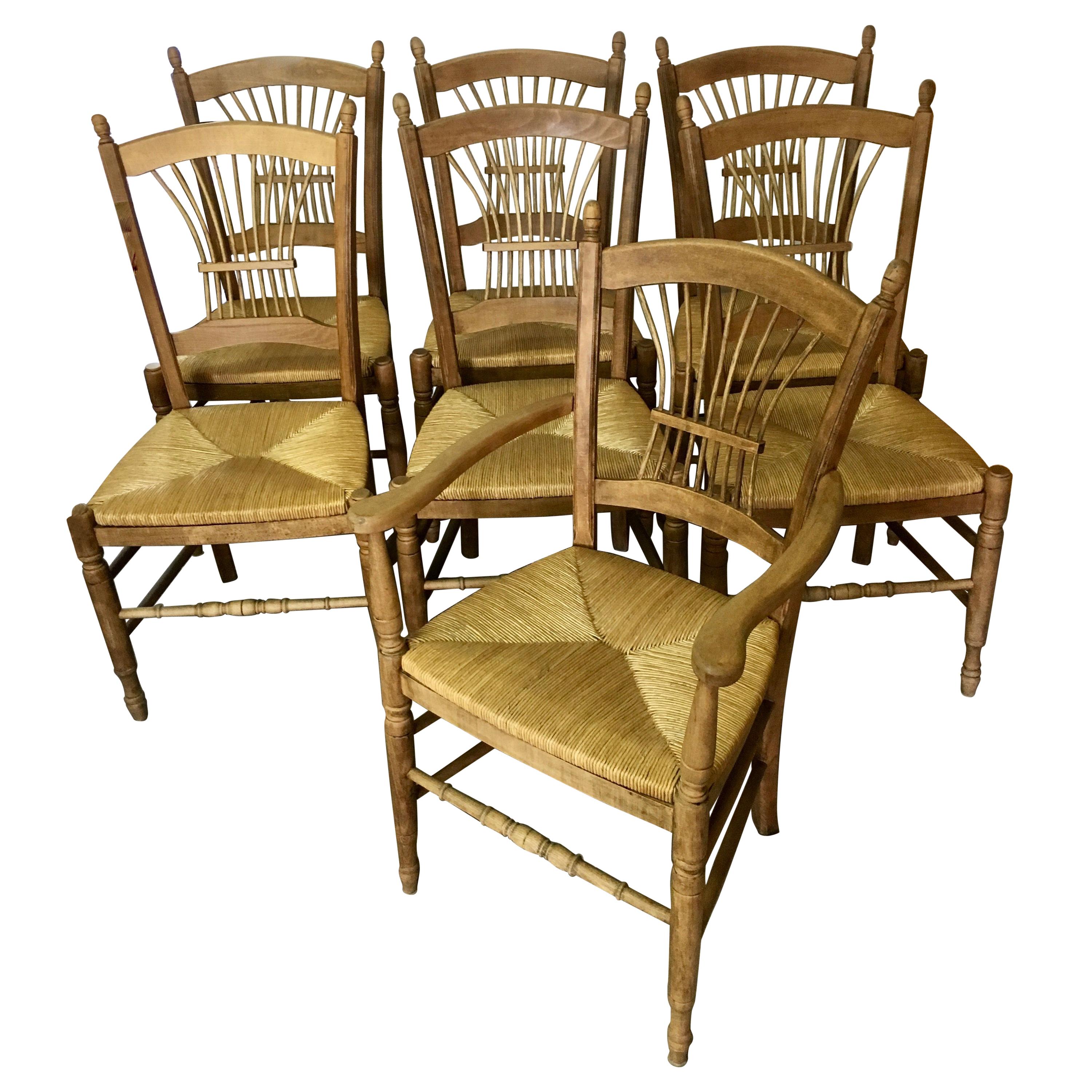 7 Italian Maple Chairs with Rush Seats