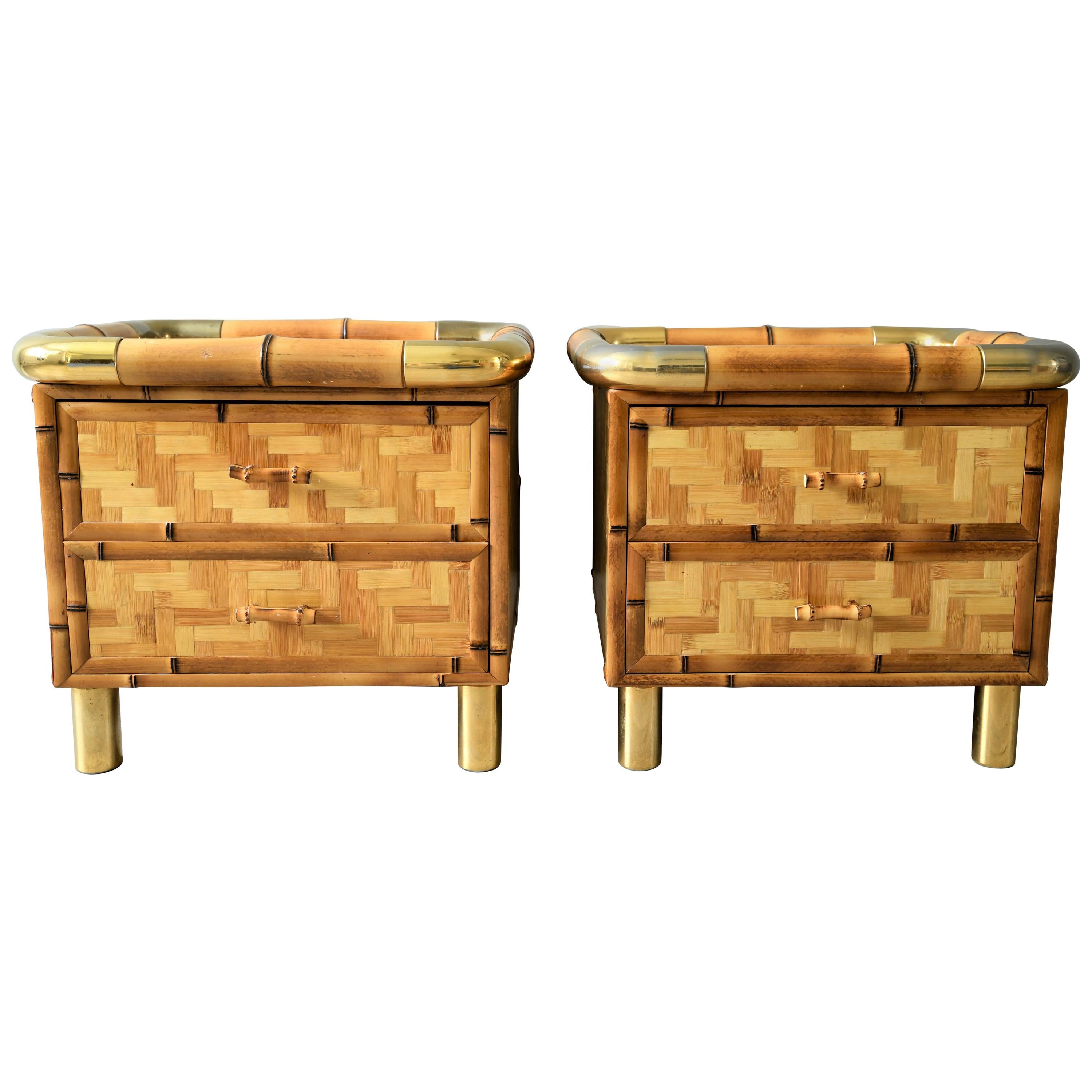 Rare Bamboo Parquetry Italian Bedroom Set Vanity and Pair of Nightstands, 1970s