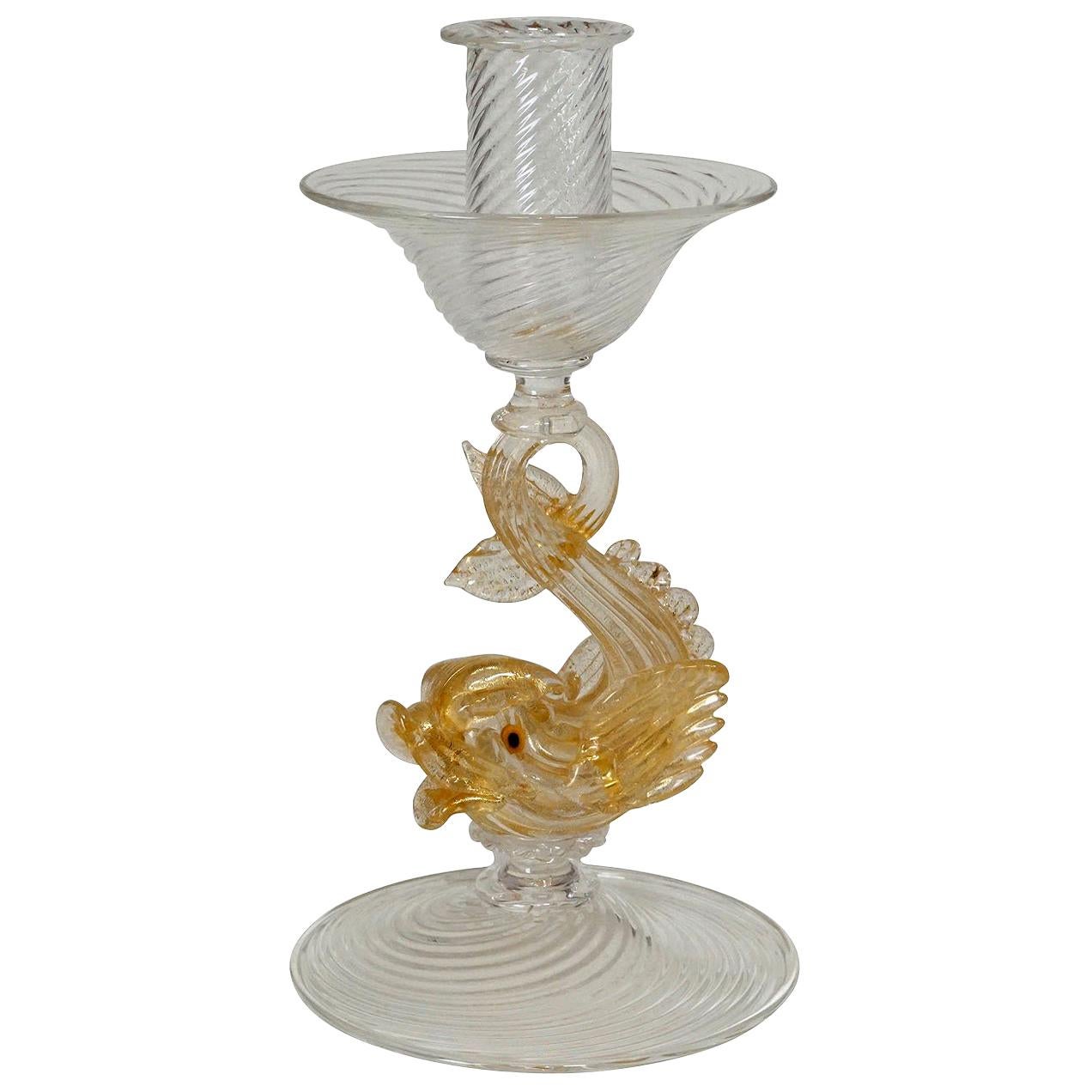 Archimede Seguso Glass Candle Stick with Dolphin, circa 1960s