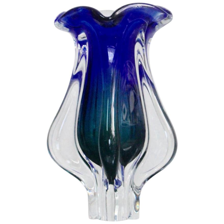 Midcentury Murano Blue and Green Italian Sommerso Glass Vase, 1960s For Sale
