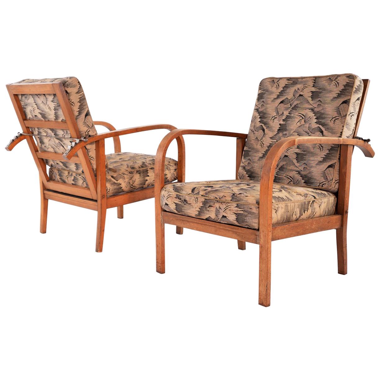 Pair of Modernist Wooden Armchairs by Jan Vaněk, Original Upholstery