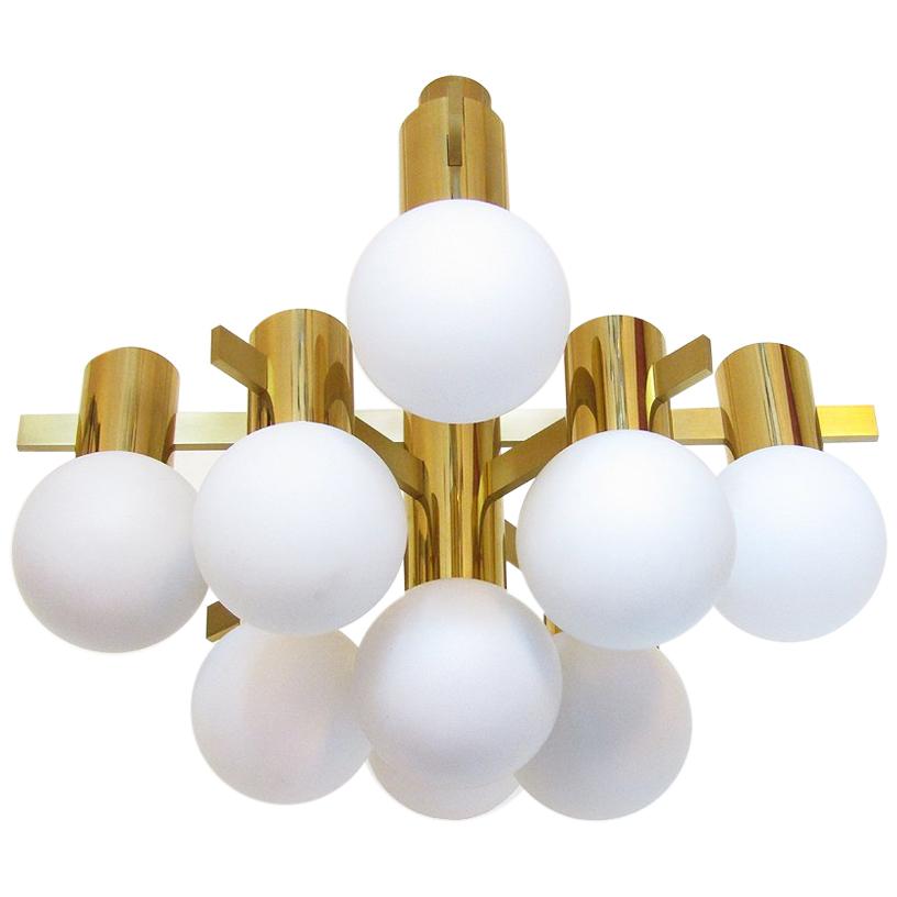 Swedish 1970s Glass Orb and Brass Chandelier by Hans Agne Jakobsson