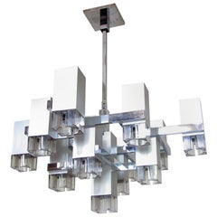 Large 1970s Modernist Cubic Chandelier in Steel by Gaetano Sciolari