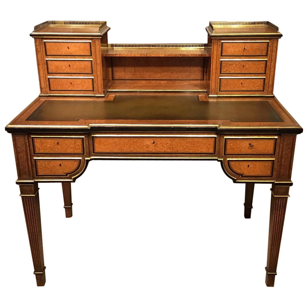 Rare Amboyna, Parcel-Gilt and Ebony Victorian Period Antique Writing Desk For Sale