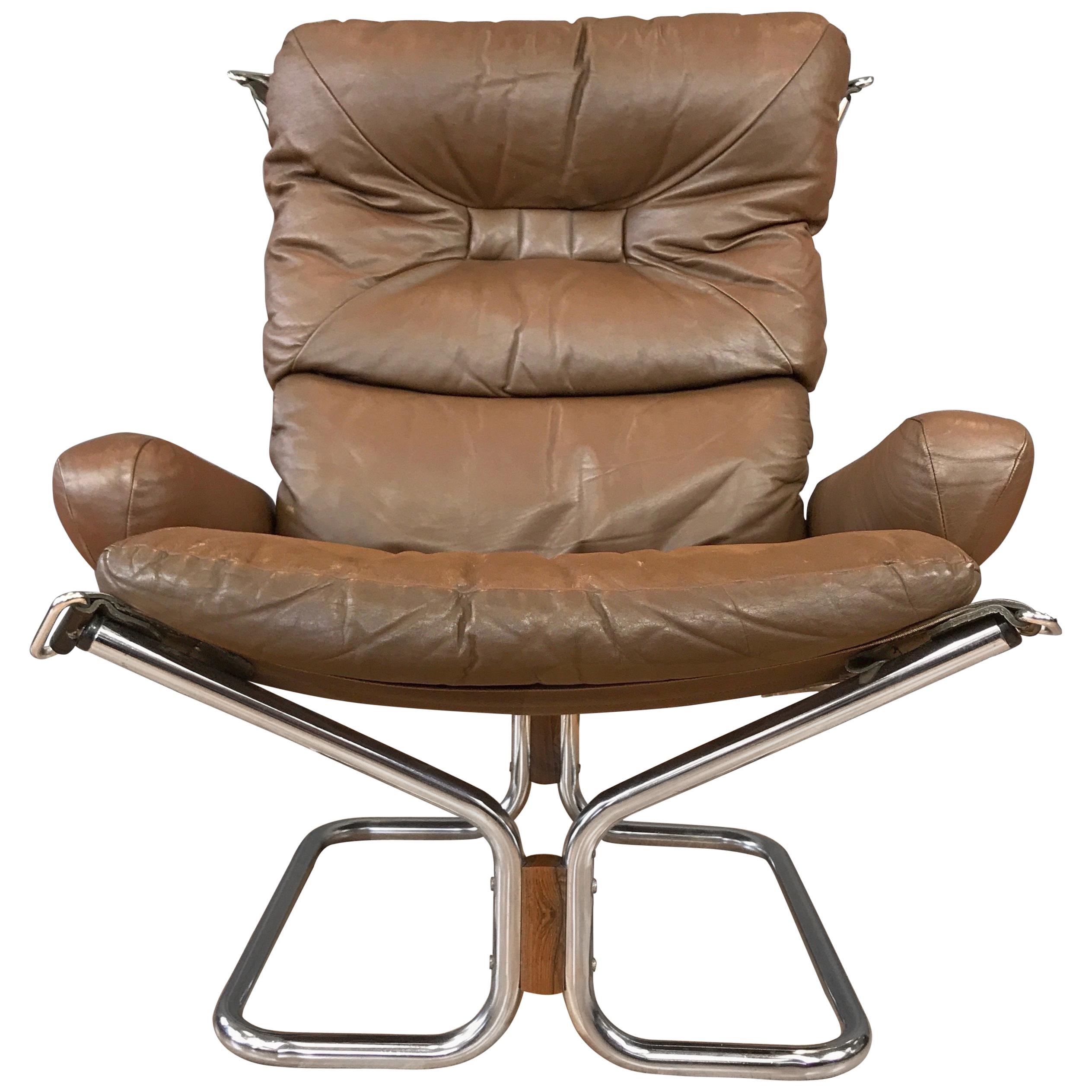 Harald Relling for Westnofa "Wing" Leather and Chrome Lounge Chair