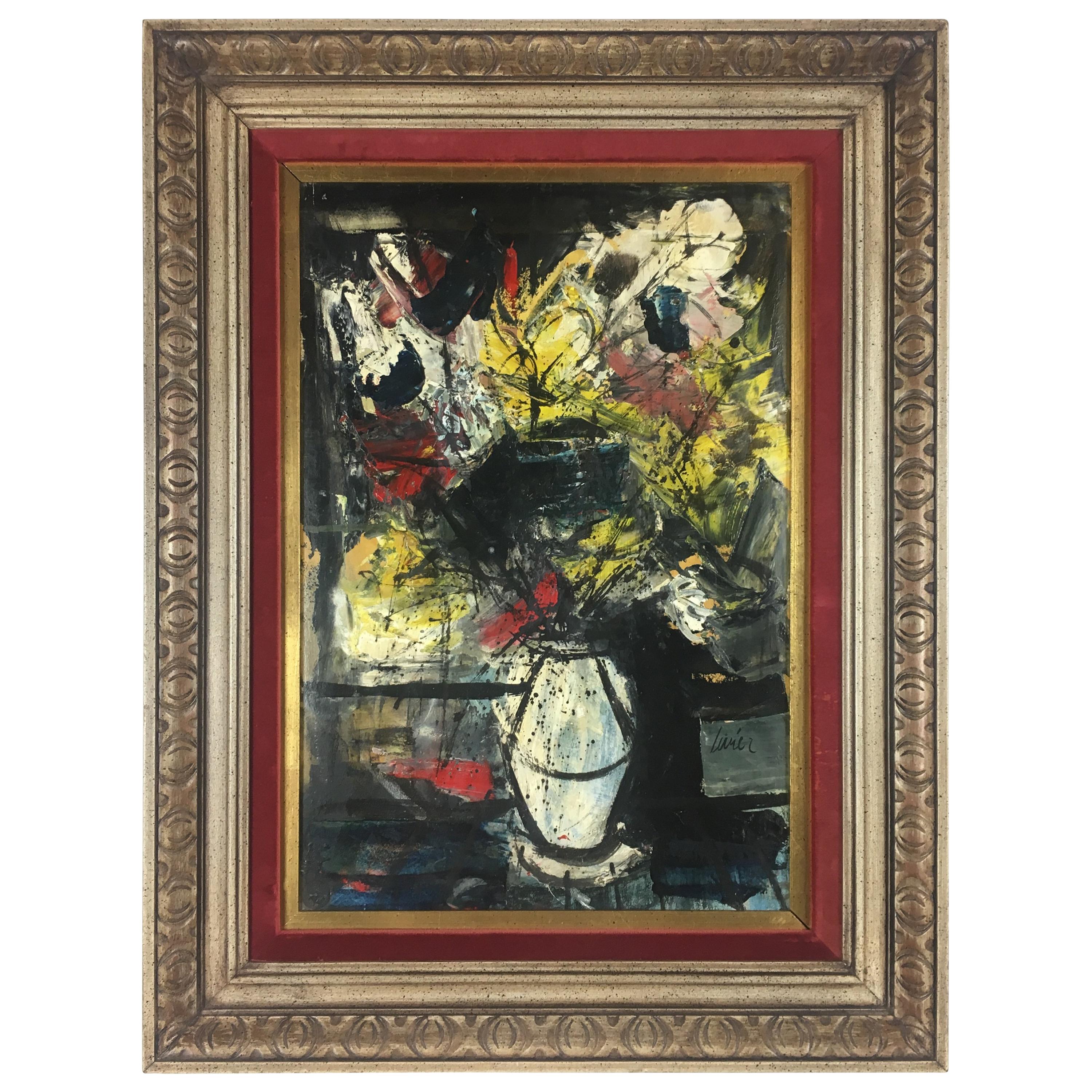 Charles Levier  Bouquet of Flowers Oil Painting in the Manner of Bernard Buffet