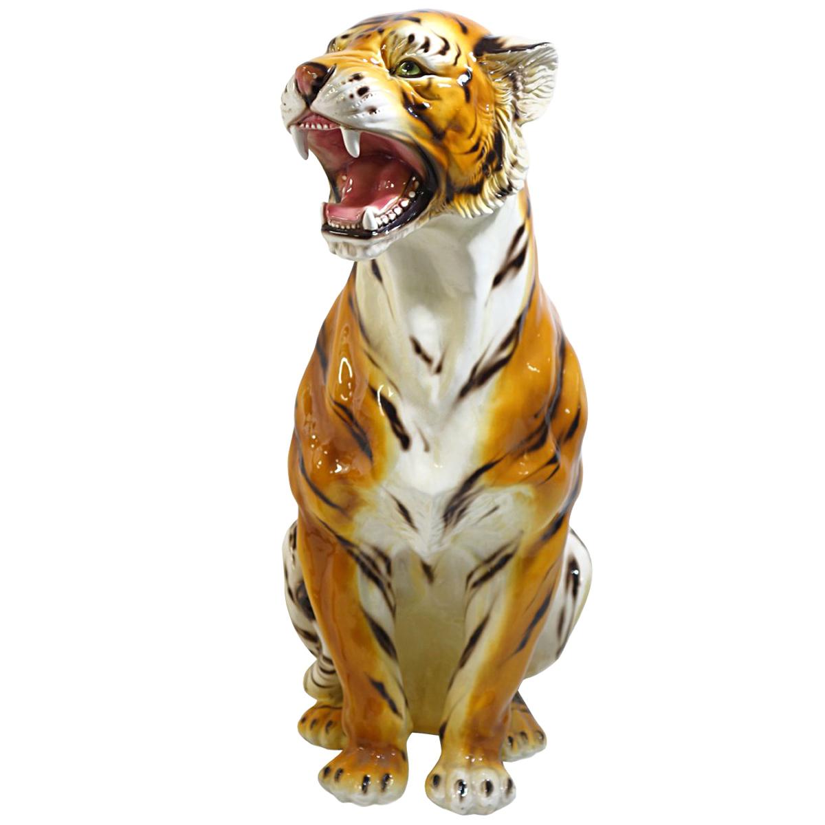 Big Mid-Century Modern Ceramic Tiger in the Style of Ronzan Marked Made in Italy