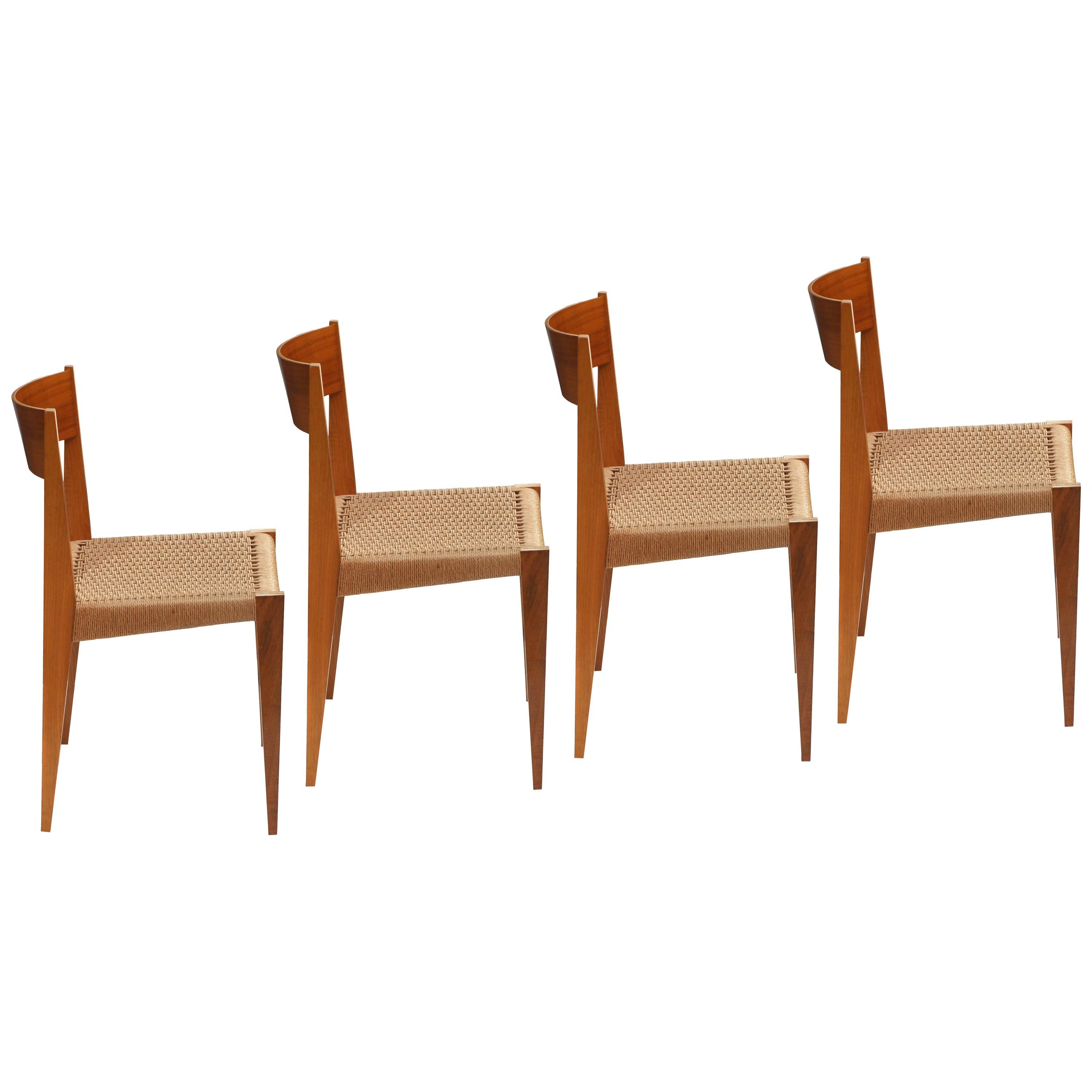 Set of 4 PIA Chairs from Poul Cadovius for Girsberger, Raffia, Walnut, 1960s For Sale
