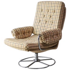 1970s Danish Midcentury Checked Wool Swivel Chair
