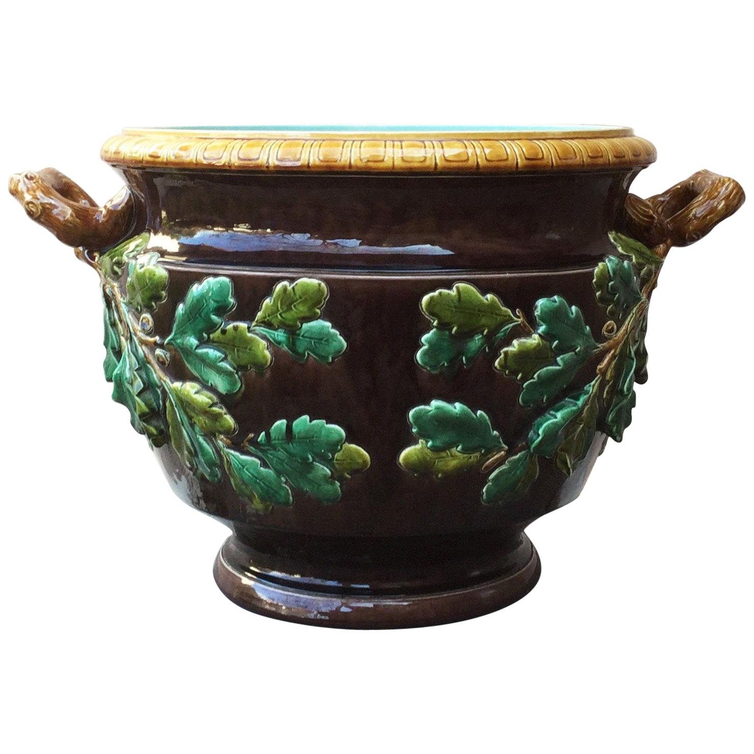 19th Century Monumental Majolica Oak Leaves Cache Pot Planter Sarreguemines For Sale