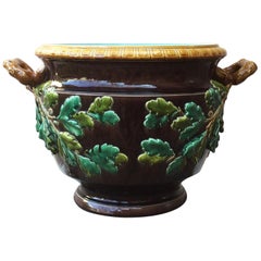 Antique 19th Century Monumental Majolica Oak Leaves Cache Pot Planter Sarreguemines