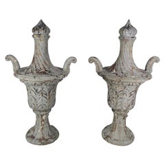 Pair of Grand Scale Carved Wood Painted Flamed Finial Urns