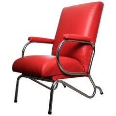 Red Art Deco, Chrome-Plated Tubular Steel Chair