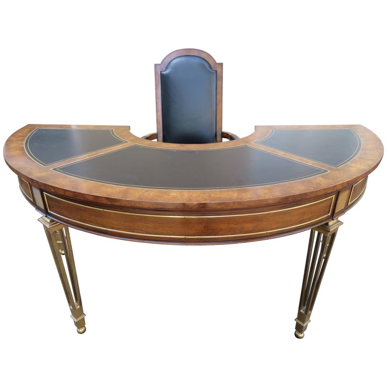 Spectacular Mastercraft Burled Walnut Brass Demi Lune Desk with Matching Chair For Sale