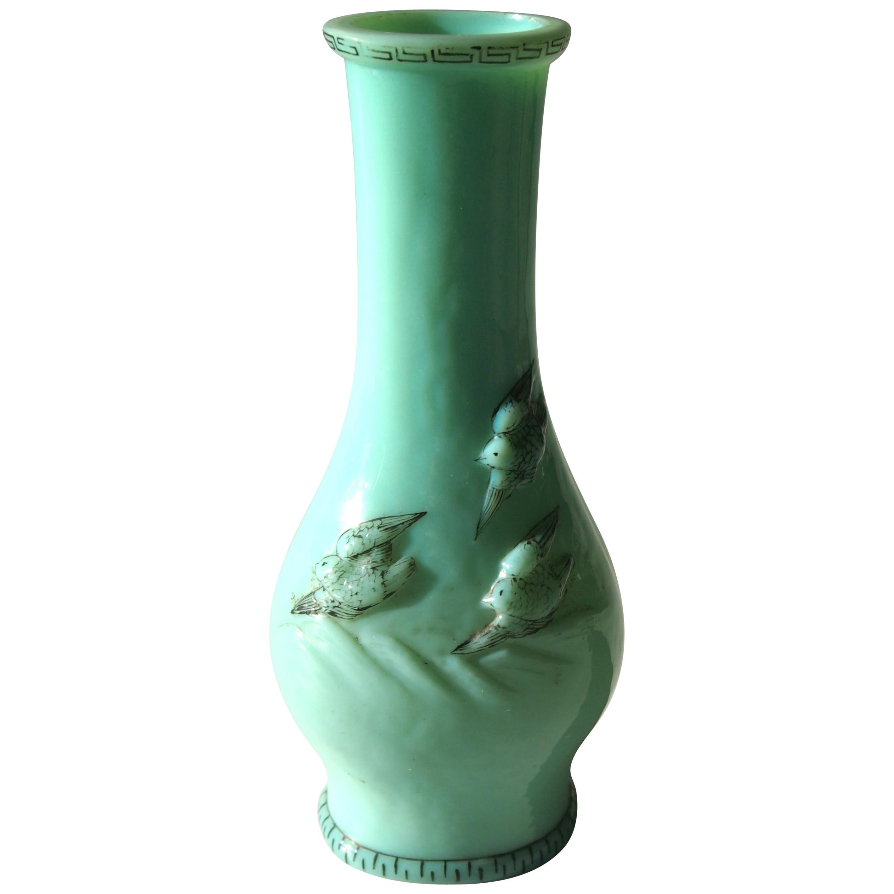 Bohemian Harrach 'Jade' Chinoiserie Glass Vase with Birds and Mountains For Sale