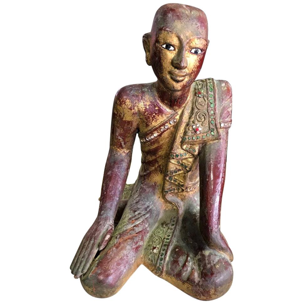 Thai Wood Carved, Polychrome and Gilt Sculpture of Buddhist Temple Monk