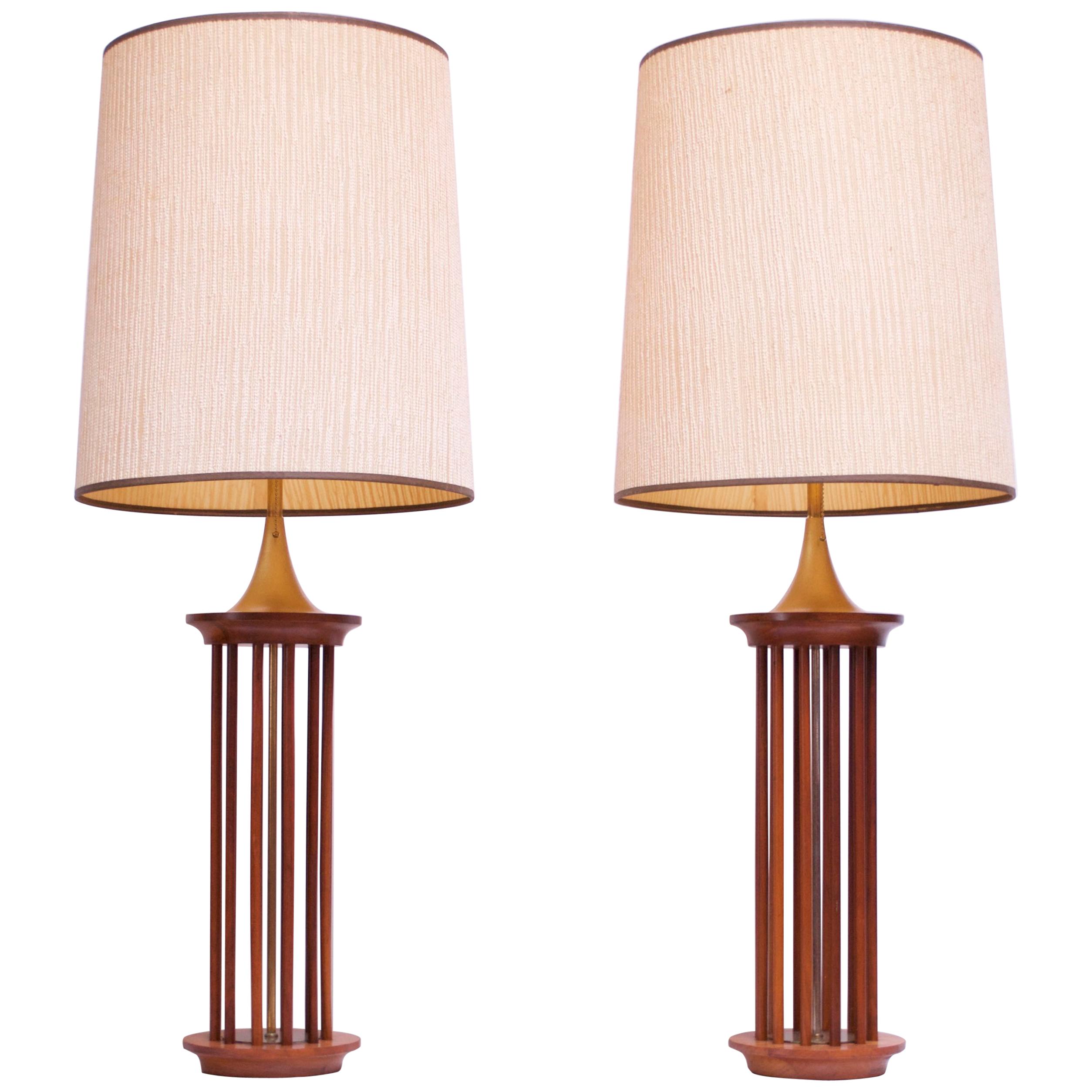 Pair of Tall Mid-Century American Modern Walnut and Brass Table Lamps For Sale