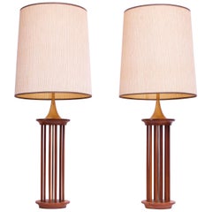 Vintage Pair of Tall Mid-Century American Modern Walnut and Brass Table Lamps