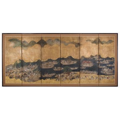 Antique Edo Period Six Panel Folding Screen, Depicting the Hie Sanno Matsuri Festival