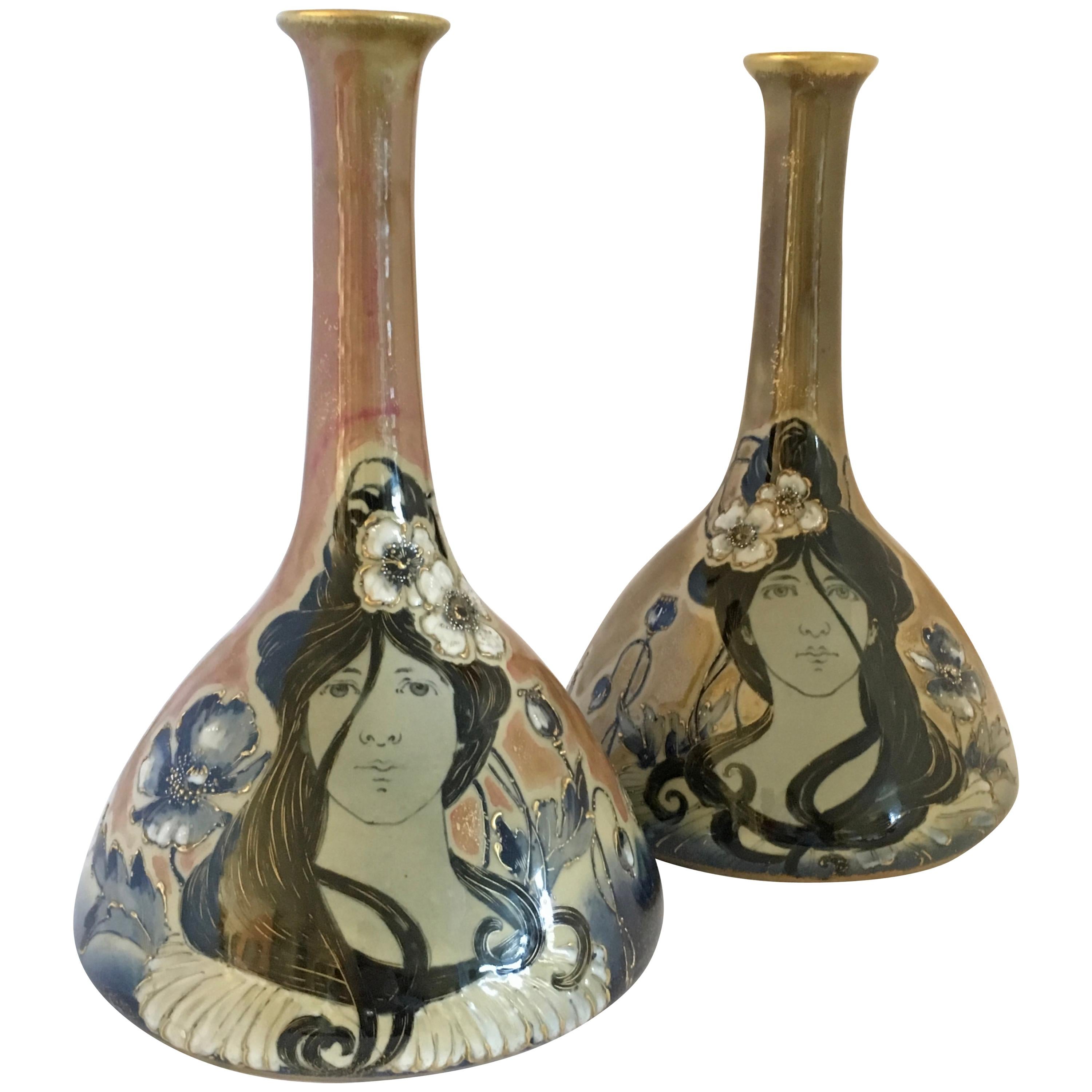 Art Nouveau Set Vases Enameled Amphora Porcelain Riessner Stellenmacher, 1900 For Sale