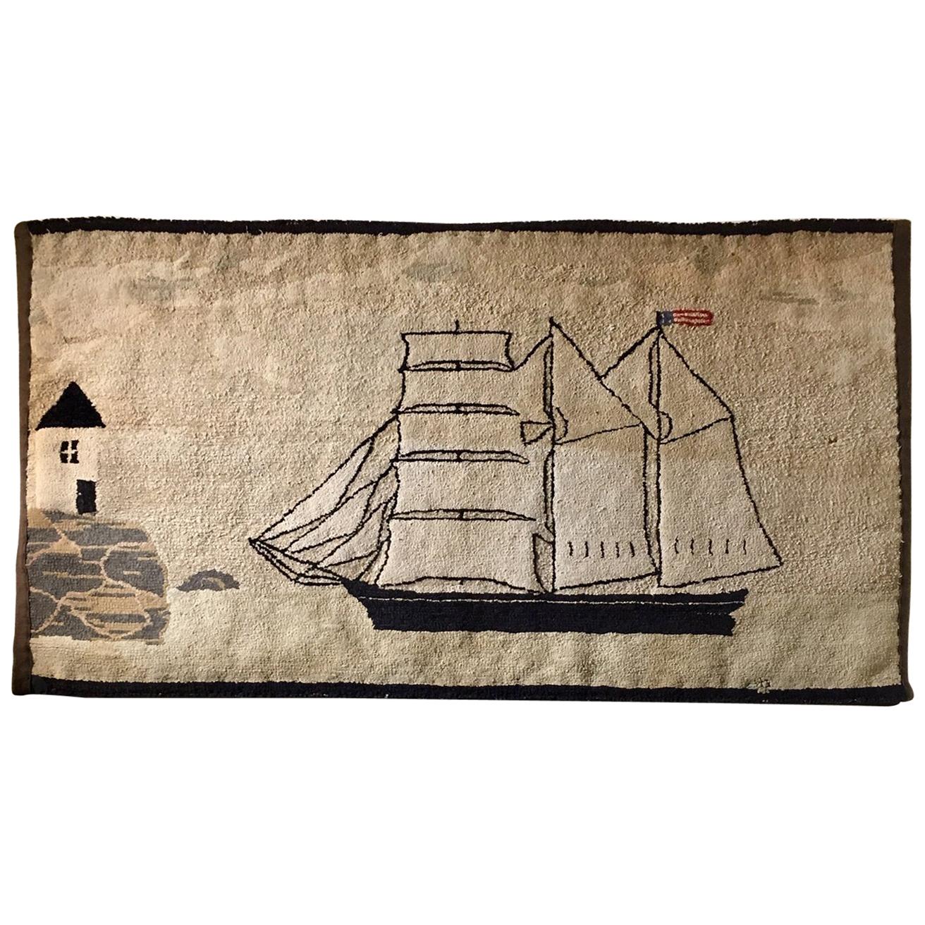 Late 19th Century New England Ship and Lighthouse Hooked Rug