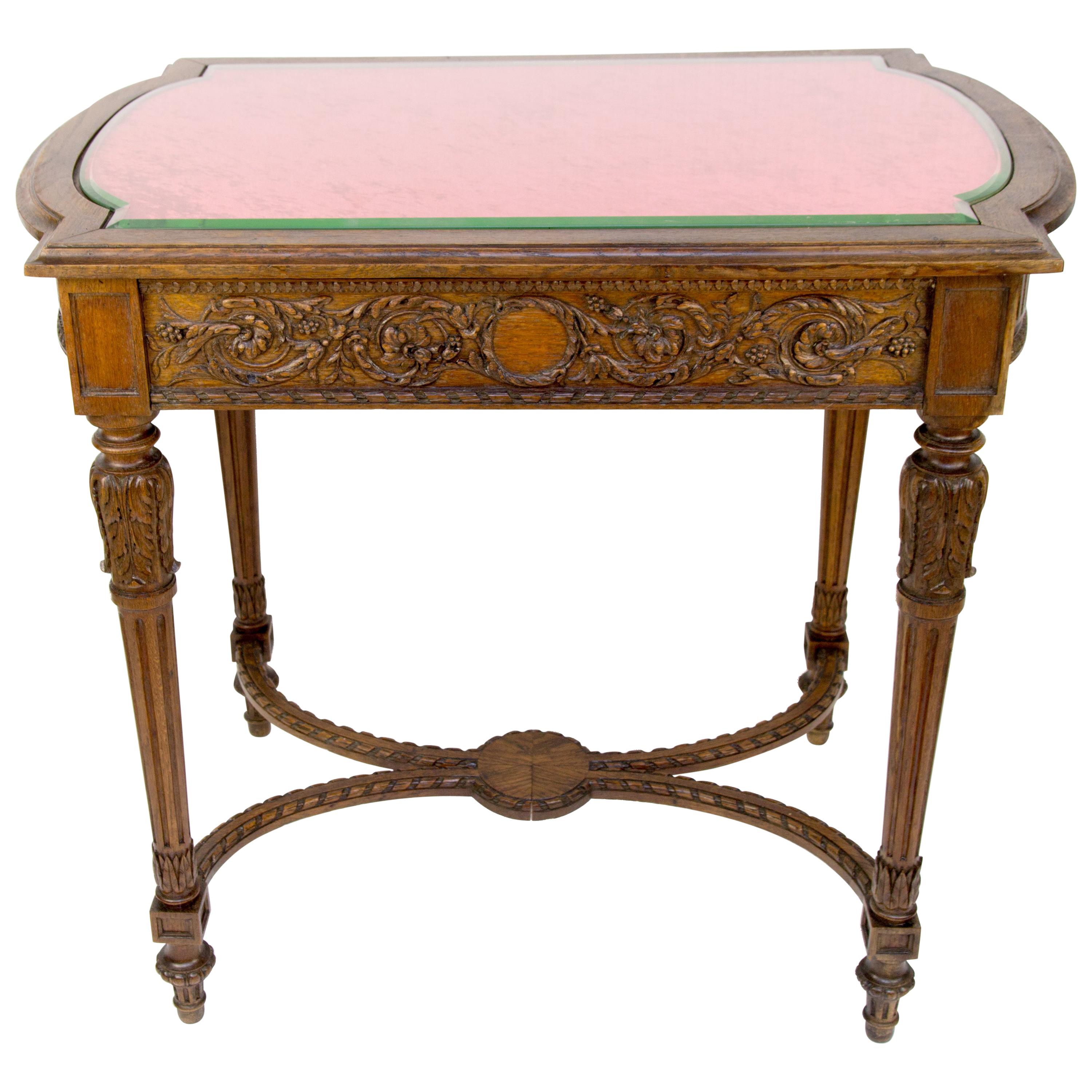 Table centrale en noyer et verre biseauté de style Louis XVI de la fin du XIXe siècle