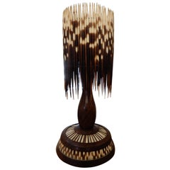 Rare Vintage 1930s Porcupine Quill and Walnut Wood Lamp