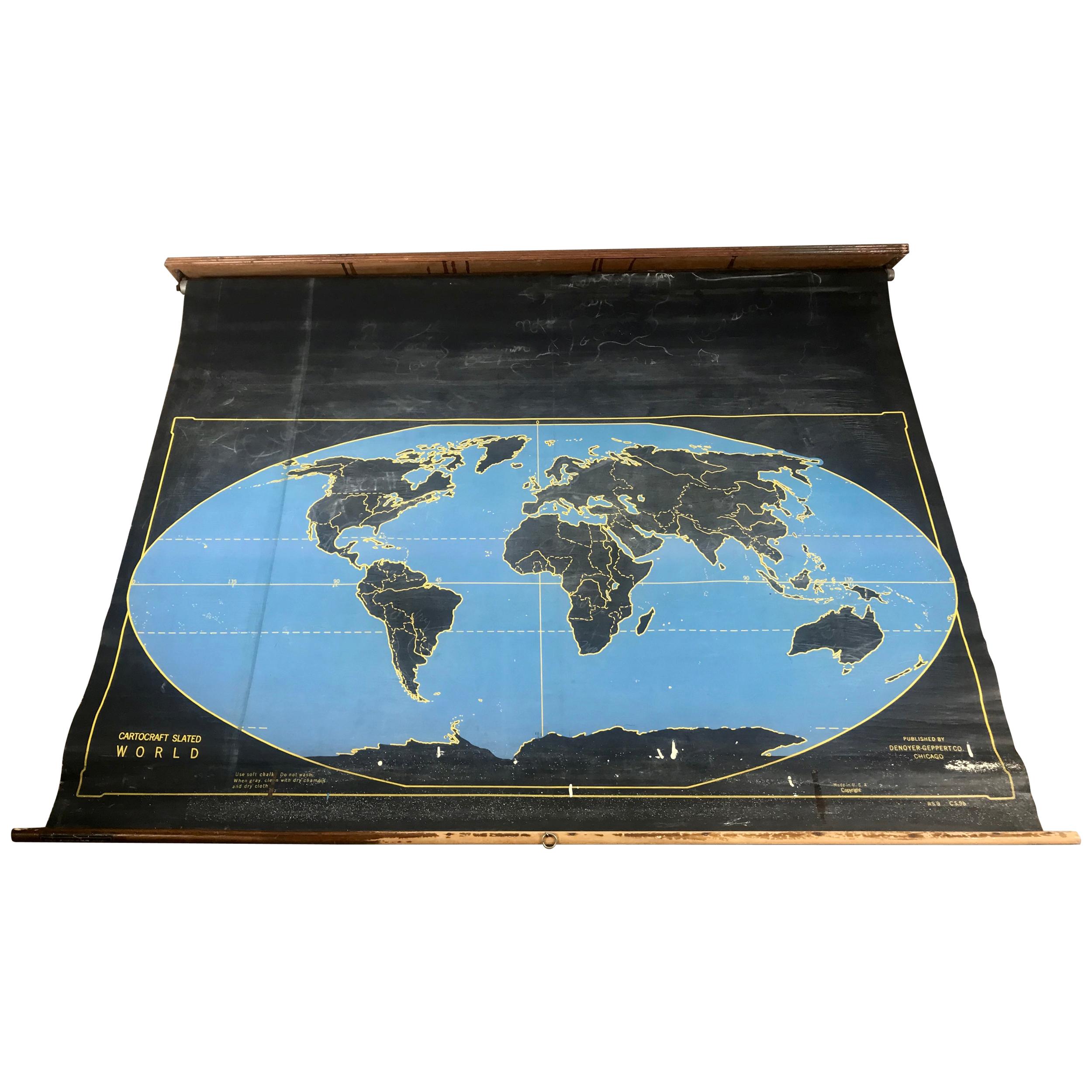 1920s Double Sided Cartocraft Slated School Map, U.S.A. & World Denoyer Geppert