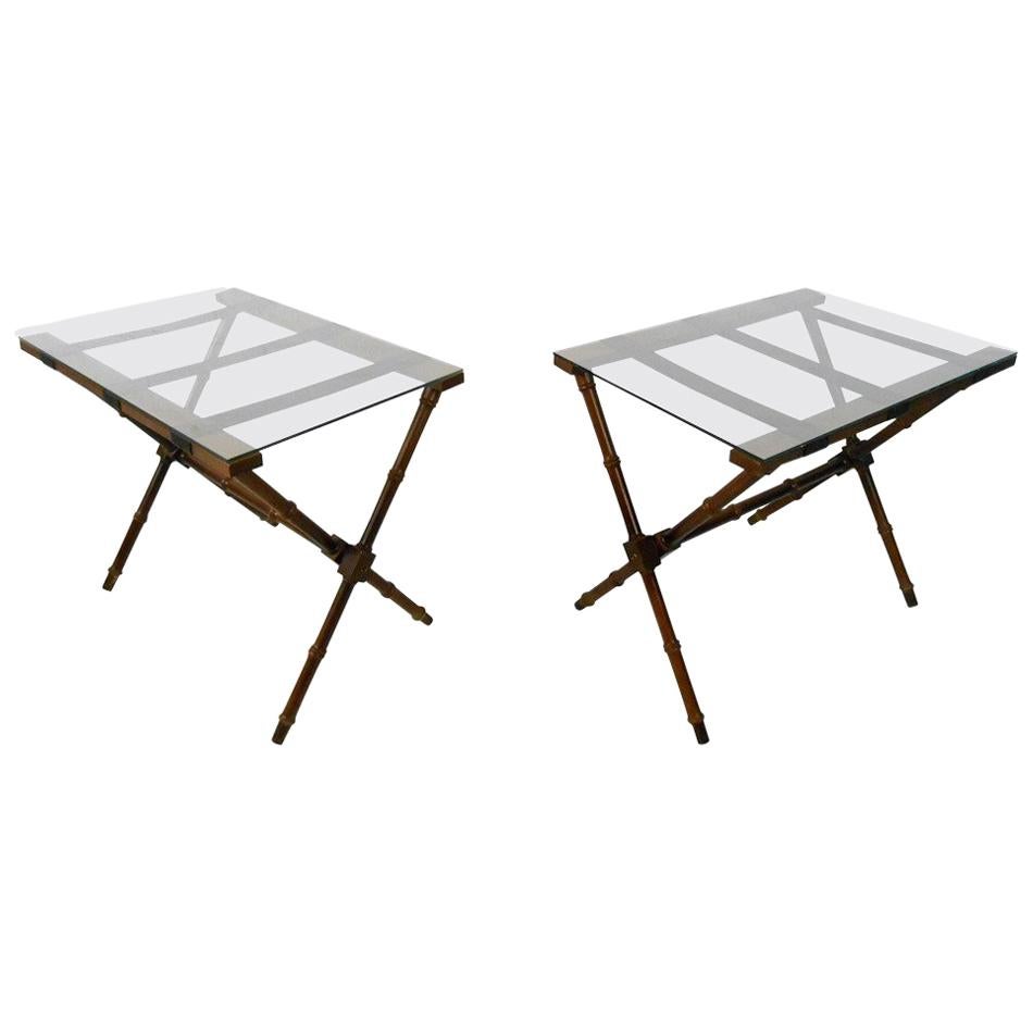 Pair of Mid-Century Modern Glass Top Folding Serving Tables