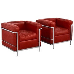 Le Corbusier LC2 Leather Armchair Chair by Cassina Deep Red and chrome 