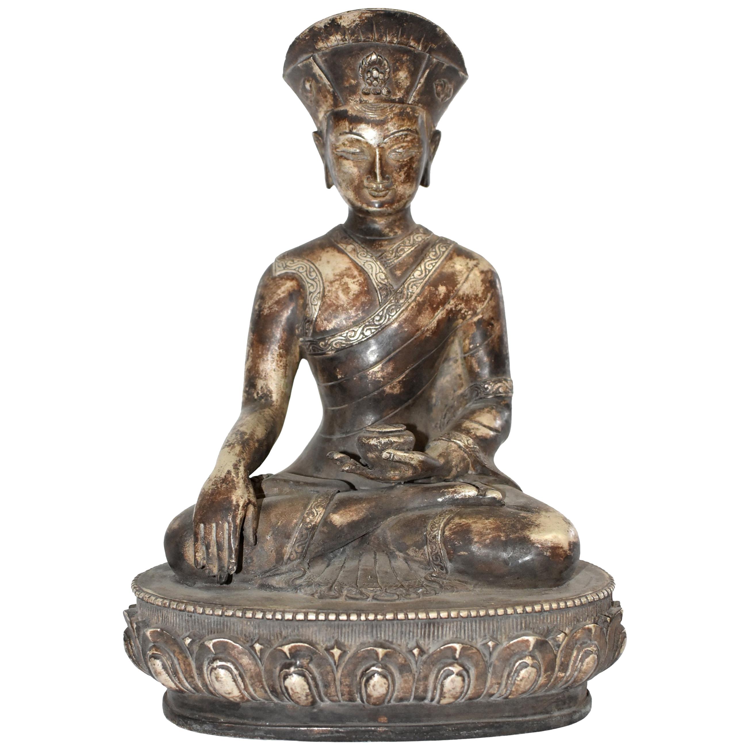 Large Silvered Bronze Tibetan Deity of a Teacher, God of Wisdom